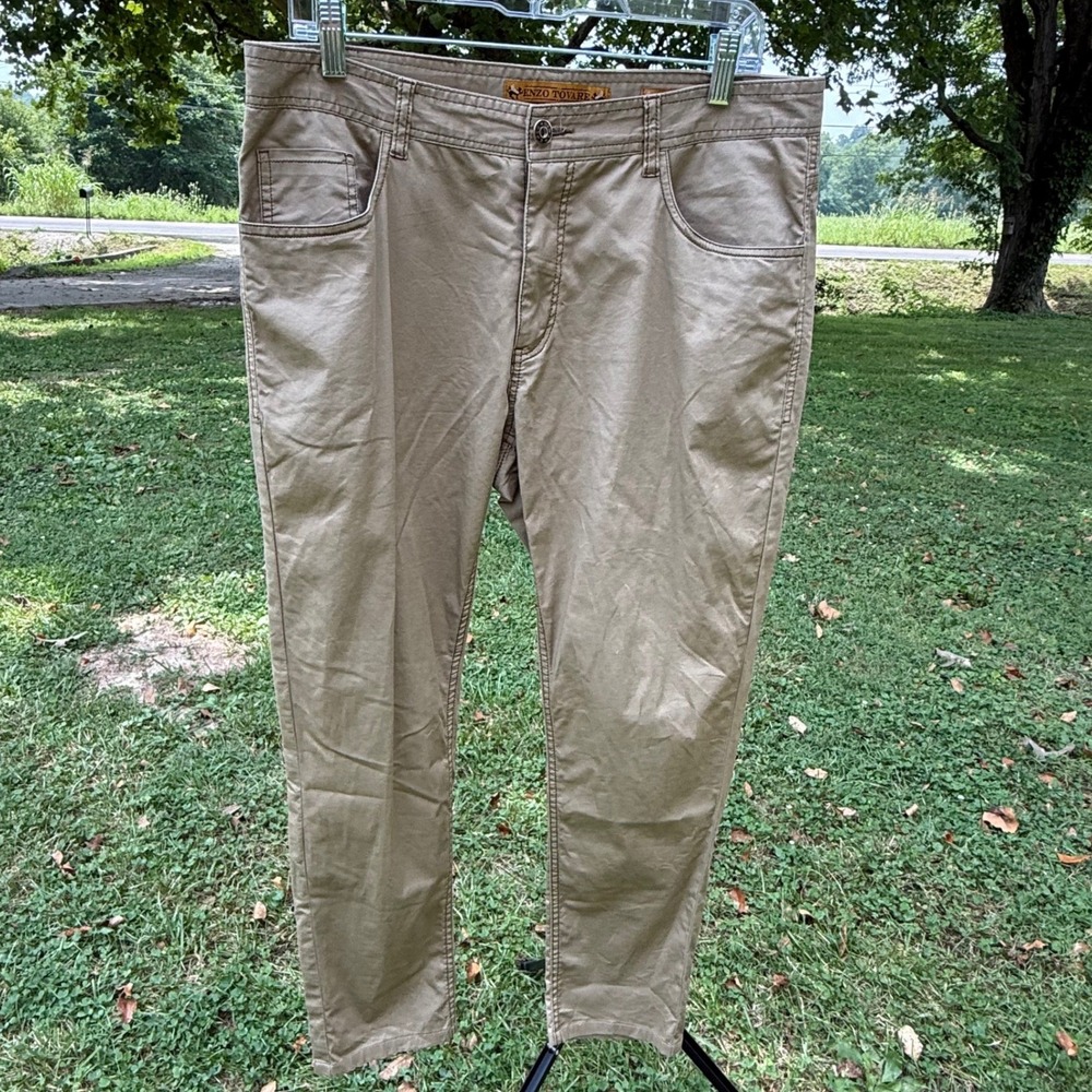 Enzo Tovare Mens Khaki Cotton Chino Pants Tan Straight Leg Size 34 x 29 Preppy